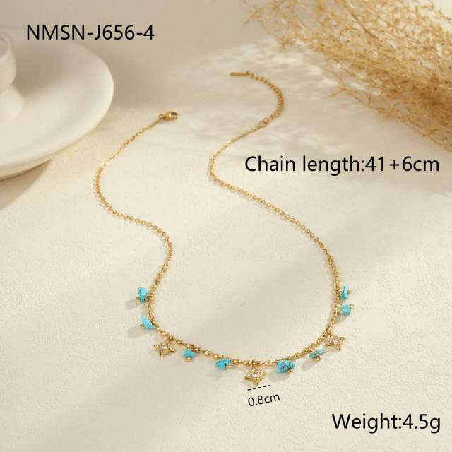 Boho hot sale turquoise stone series stainless steel necklace earrings rings suit