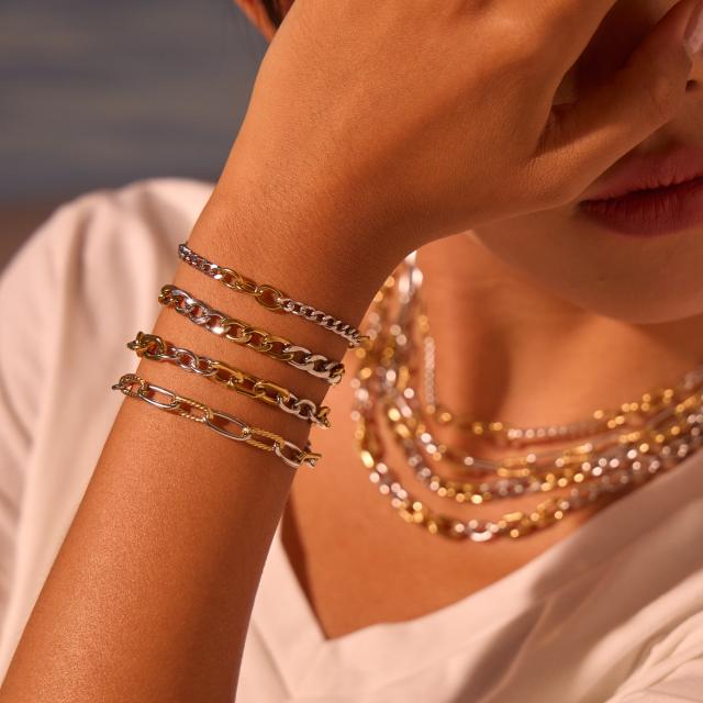 Personality two tone classic stainless steel chain necklace earrings bracelet suit