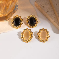 Vintage oval shape opal stone inlaid stainless steel earrings