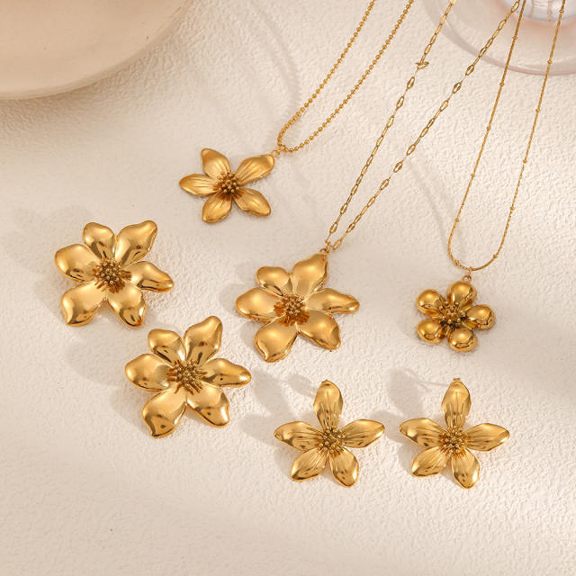 18k gold flower stainless steel earrings necklace jewelry suit