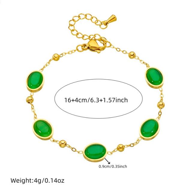 Retro Oval Geometric Emerald Chain Stainless Steel Necklace Earrings Bracelet suit