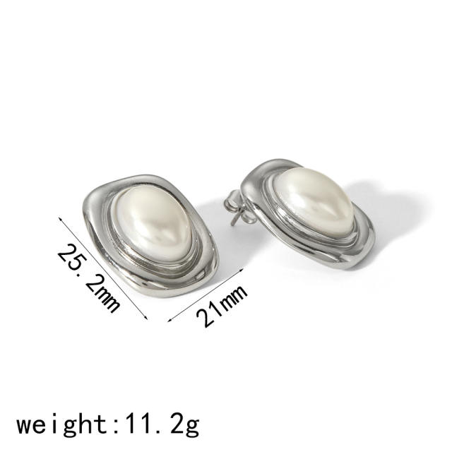 Vintage natural stone pearl inlaid stainless steel earrings