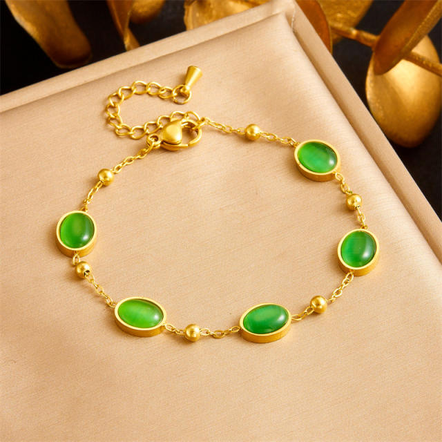Retro Oval Geometric Emerald Chain Stainless Steel Necklace Earrings Bracelet suit