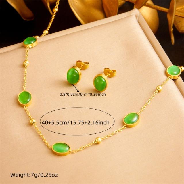 Retro Oval Geometric Emerald Chain Stainless Steel Necklace Earrings Bracelet suit