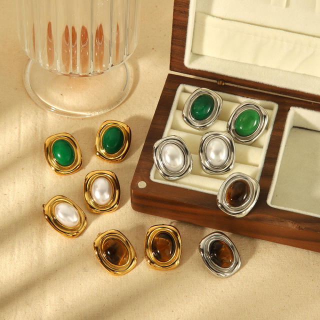 Vintage natural stone pearl inlaid stainless steel earrings