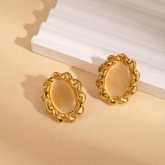 Vintage oval shape opal stone inlaid stainless steel earrings