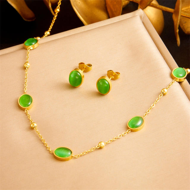 Retro Oval Geometric Emerald Chain Stainless Steel Necklace Earrings Bracelet suit