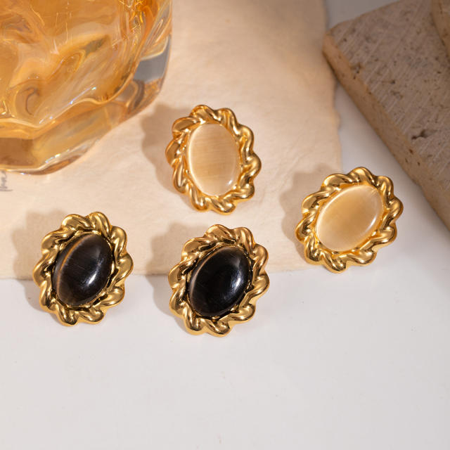 Vintage oval shape opal stone inlaid stainless steel earrings