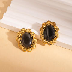 Vintage oval shape opal stone inlaid stainless steel earrings