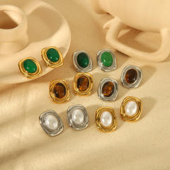 Vintage natural stone pearl inlaid stainless steel earrings