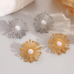 18KG french trend firework shape pearl stainless steel earrings