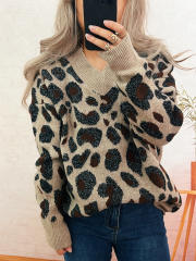 Street style leopard pattern V neck warm sweater