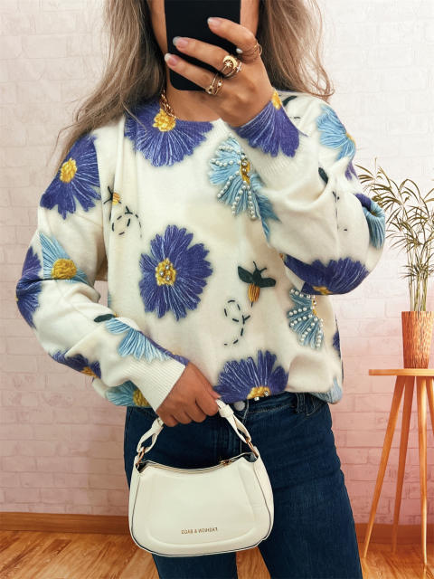 Vintage flower pattern round collar winter autumn warm sweater