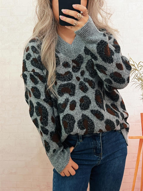 Street style leopard pattern V neck warm sweater