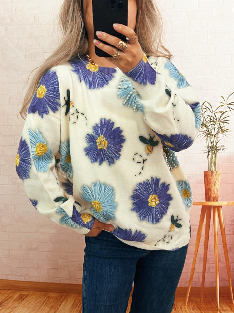 Vintage flower pattern round collar winter autumn warm sweater