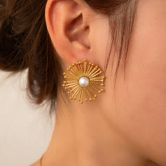 18KG french trend firework shape pearl stainless steel earrings