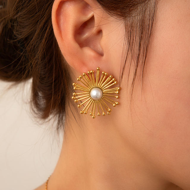 18KG french trend firework shape pearl stainless steel earrings