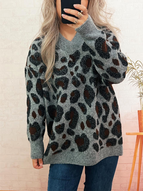 Street style leopard pattern V neck warm sweater