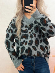 Street style leopard pattern V neck warm sweater
