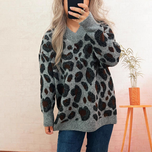 Street style leopard pattern V neck warm sweater