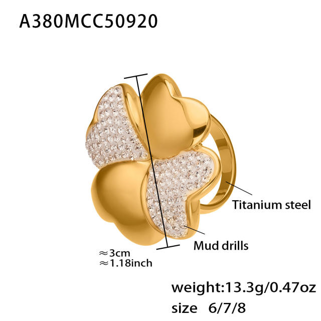 18KG chunky diamond oval clover stainless steel rings
