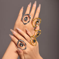 Geometric line oval shape crystal gold plated copper rings