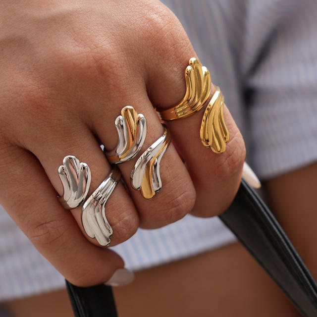 Geometric line leaf design stainless steel rings