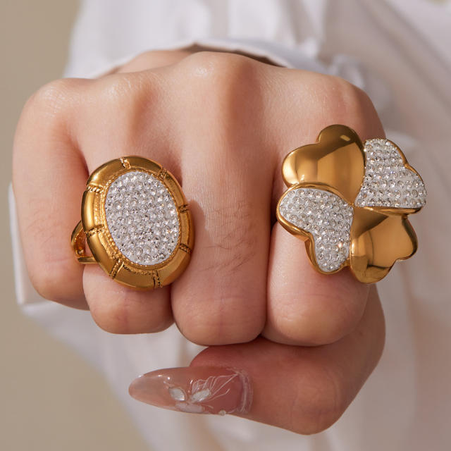 18KG chunky diamond oval clover stainless steel rings