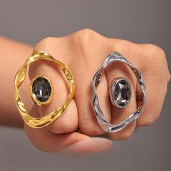 Geometric line oval shape crystal gold plated copper rings