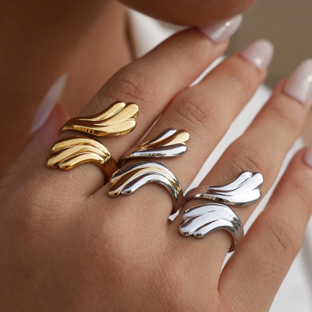 Geometric line leaf design stainless steel rings