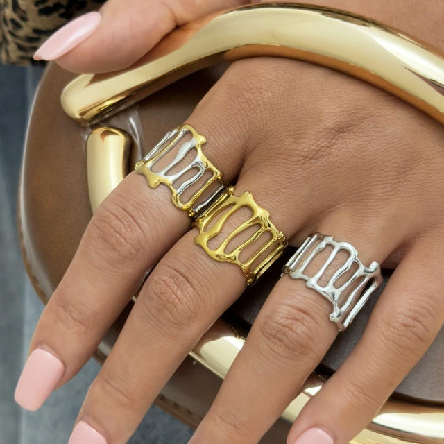 Concise hollow out geometric stainless steel rings band