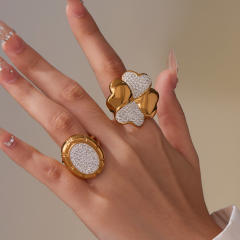 18KG chunky diamond oval clover stainless steel rings