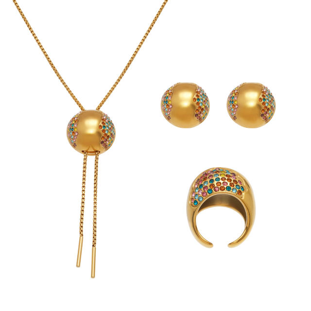 Simple chunky ball bead diamond long necklace stainless steel rings earrings suit