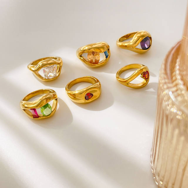 Colorful irregular cubic zircon statement stainless steel rings