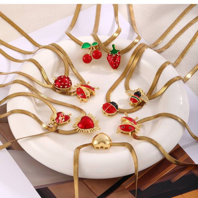Punk trend color enamel heart bee ladybug snake chain stainless steel necklace choker