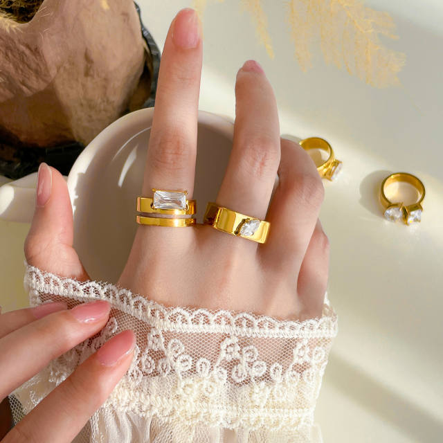Water Drop Square Eye Teardrop Zircon Double Circle Curved Surface 18K Gold Plated Ring