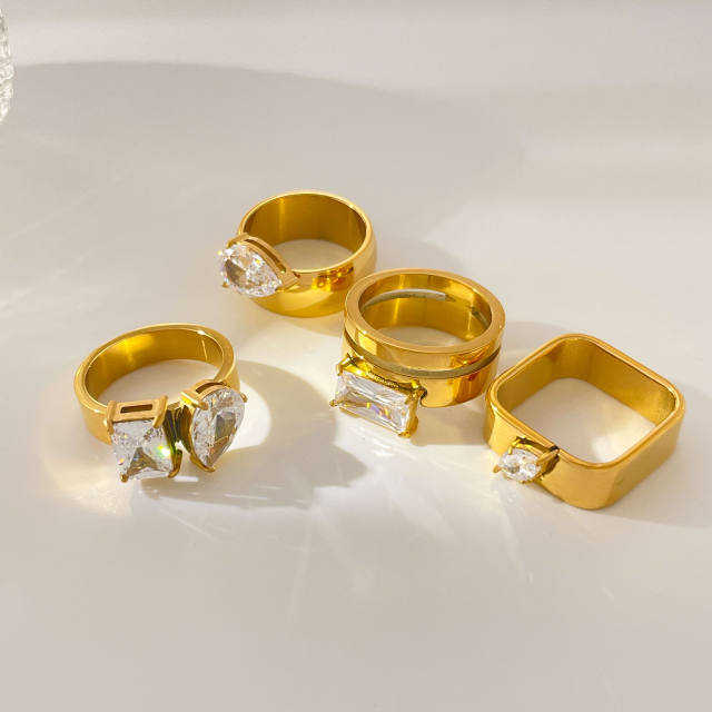 Water Drop Square Eye Teardrop Zircon Double Circle Curved Surface 18K Gold Plated Ring