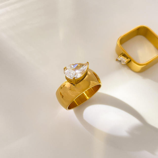 Water Drop Square Eye Teardrop Zircon Double Circle Curved Surface 18K Gold Plated Ring