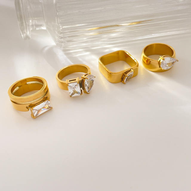Water Drop Square Eye Teardrop Zircon Double Circle Curved Surface 18K Gold Plated Ring