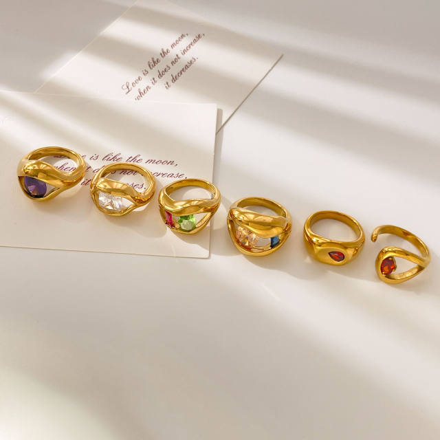 Colorful irregular cubic zircon statement stainless steel rings