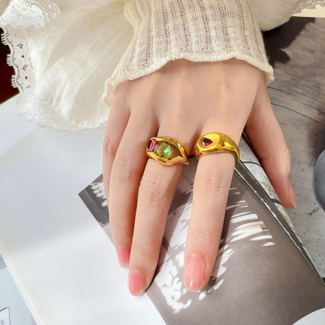 Colorful irregular cubic zircon statement stainless steel rings