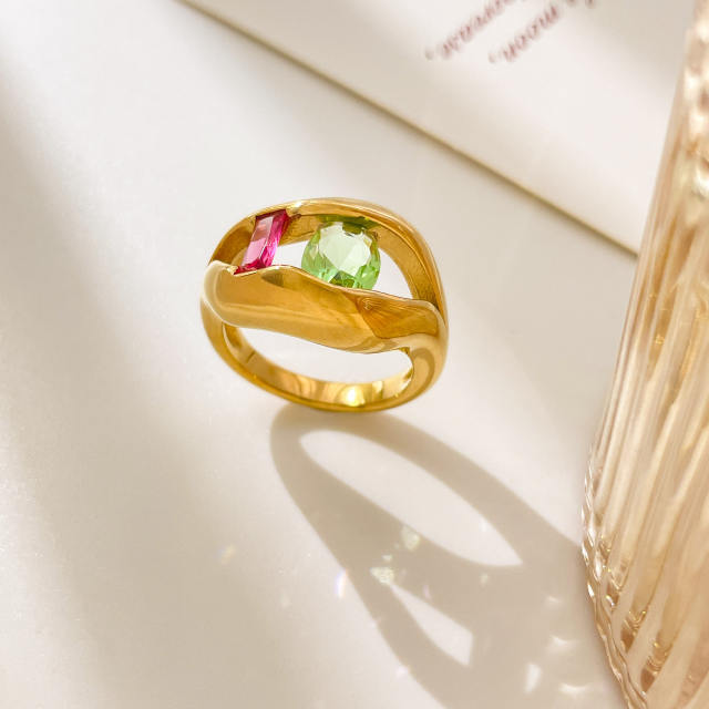 Colorful irregular cubic zircon statement stainless steel rings