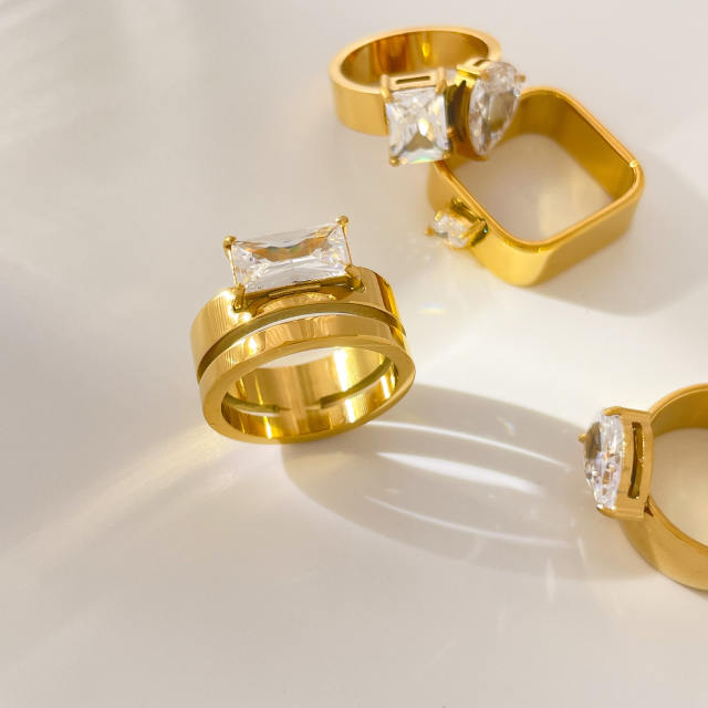 Water Drop Square Eye Teardrop Zircon Double Circle Curved Surface 18K Gold Plated Ring