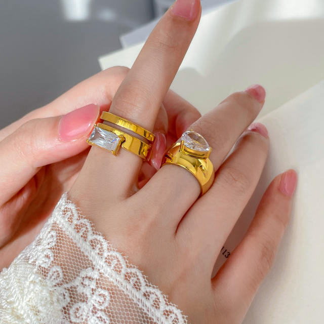 Water Drop Square Eye Teardrop Zircon Double Circle Curved Surface 18K Gold Plated Ring