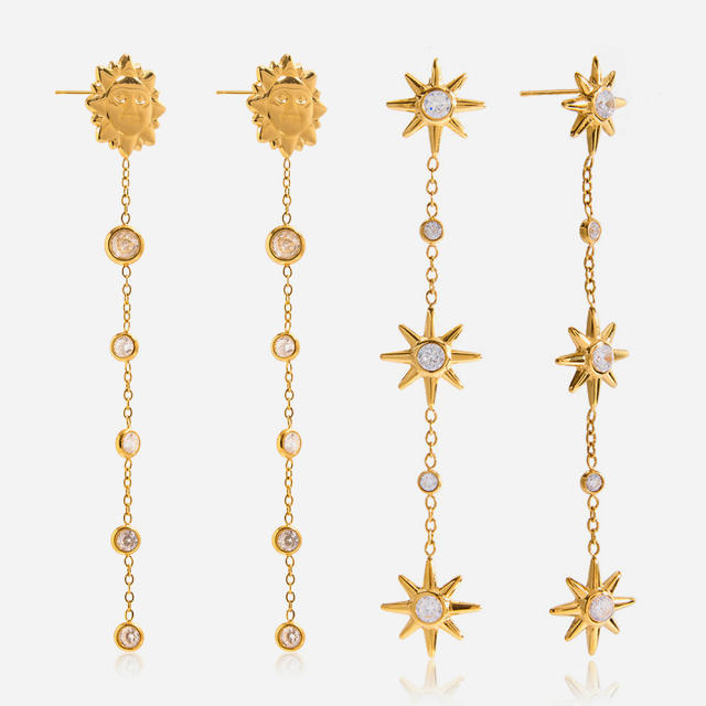 18KG diamond smile face star dangle earrings stainless steel long earrings