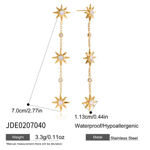 18KG diamond smile face star dangle earrings stainless steel long earrings