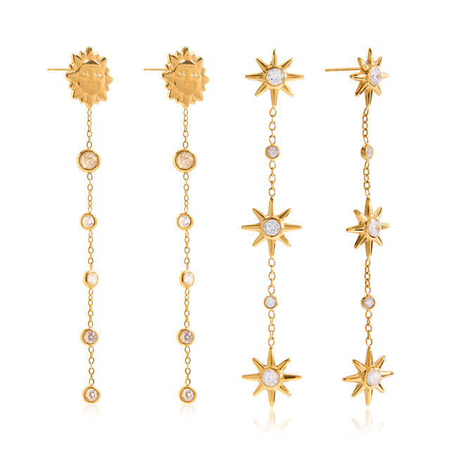 18KG diamond smile face star dangle earrings stainless steel long earrings