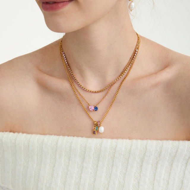 Dainty colorful cubic zircon pearl pendant stainless steel necklace
