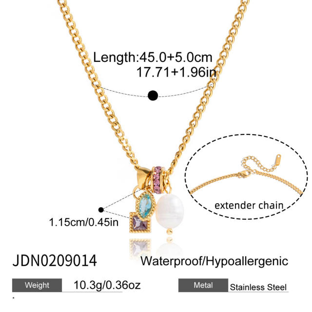 Dainty colorful cubic zircon pearl pendant stainless steel necklace