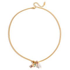 Dainty colorful cubic zircon pearl pendant stainless steel necklace